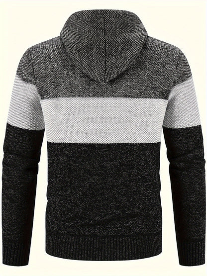 Men'S Fleece-Lined Hooded Sweater | 100% Polyester Knit | Mature Style | Striped Pattern | Long Sleeve | Regular Fit Hoodie with Medium Stretch Fabric | Casual Autumn & Winter Outerwear
