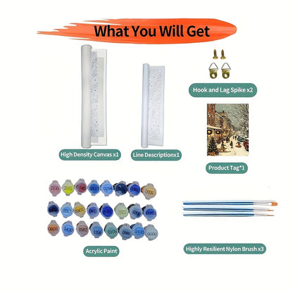 1pc Beginner DIY Adult Paint by Numbers Kit - Includes Acrylic Paints, Canvas, 3 Brushes & Instruction Manual | Winter Town Street Scene with Children Skiing and Snowboarding in a House Full of Decorations| 40x50cm/15.7x20in