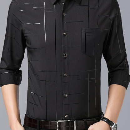 Elegant Men's Maroon Striped Long Sleeve Dress Shirt - Sophisticated Black & Golden Print, Breathable Polyester, Casual Comfort Fit with Classic Collar and Button-Up Front for Casual Attire