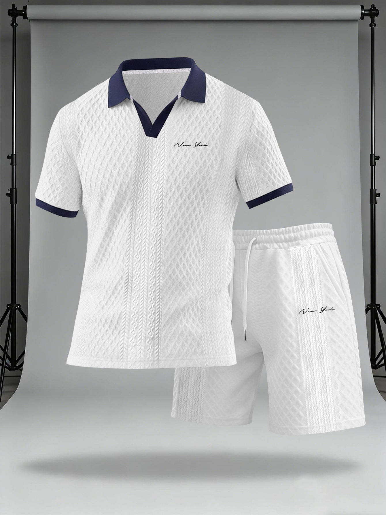 Men's Casual Summer Knitted Polo Set with Geometric Pattern