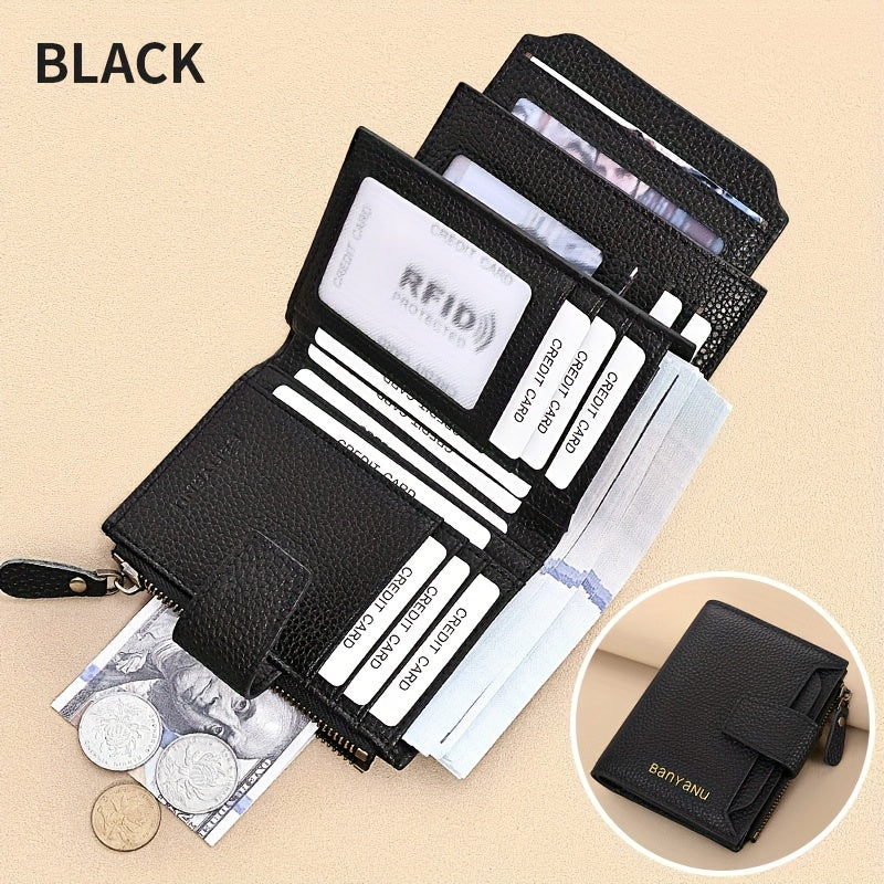 BANYANU Women'S Genuine Faux Leather Wallet - Red Lychee Grain Texture, Multi-Card Slots, Zippered Coin Pocket, Detachable ID Window, Compact Design for Everyday Use, Secure Coin Storage | Stylish Wallet | Synthetic