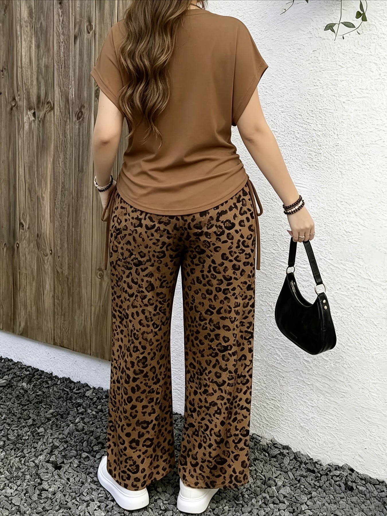 Leopard Print Casual Long Pants Set with Side Drawstring