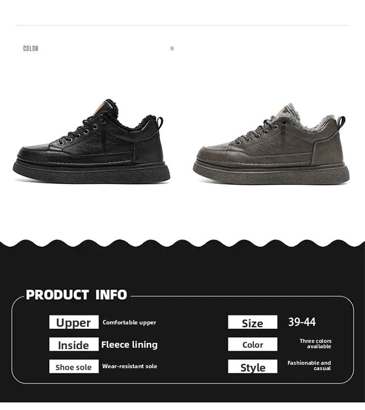 Men's Winter Warm PU -Like Hiking Sneakers with Plush -Like, EVA Cushioned Sole & Rubber Traction Tread - Low-Top Lace-Up Outdoor Shoes for Ice, Snow, Casual Wear (Black/Brown) - Cold Weather