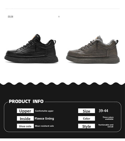 Men's Winter Warm PU -Like Hiking Sneakers with Plush -Like, EVA Cushioned Sole & Rubber Traction Tread - Low-Top Lace-Up Outdoor Shoes for Ice, Snow, Casual Wear (Black/Brown) - Cold Weather