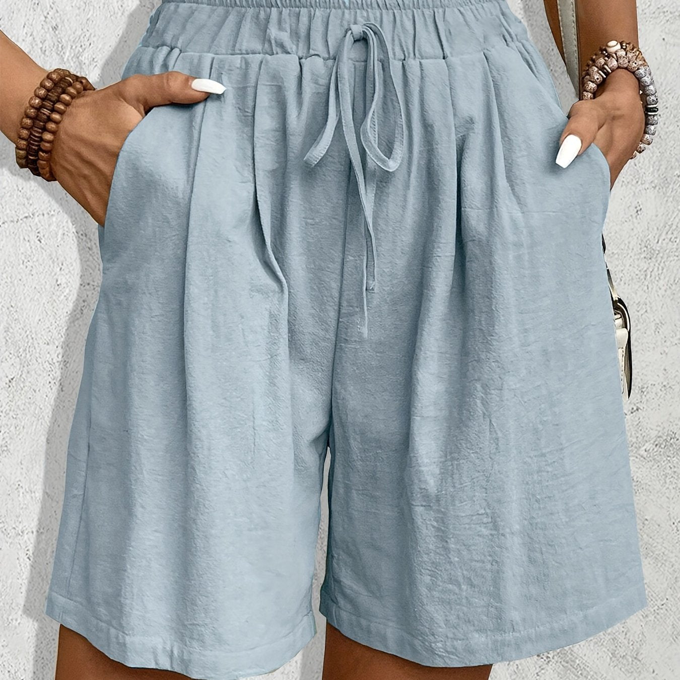 Women'S Casual Blend Shorts, Solid Color, Regular Fit, Non-Stretch Woven Fabric, with Faux Drawstring Detail, for Spring/Summer/Fall - Daily & Vacation Style