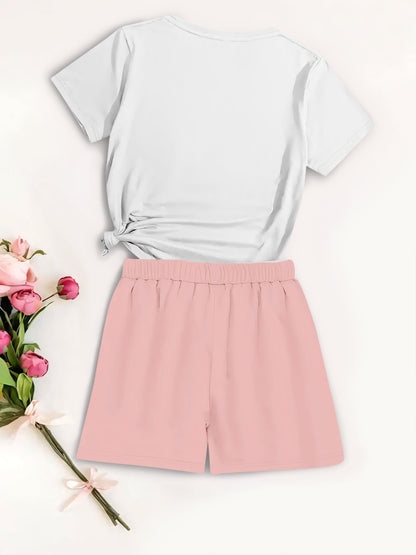 Summer Women’s Two-Piece Set with Cartoon Print & Crew Neck