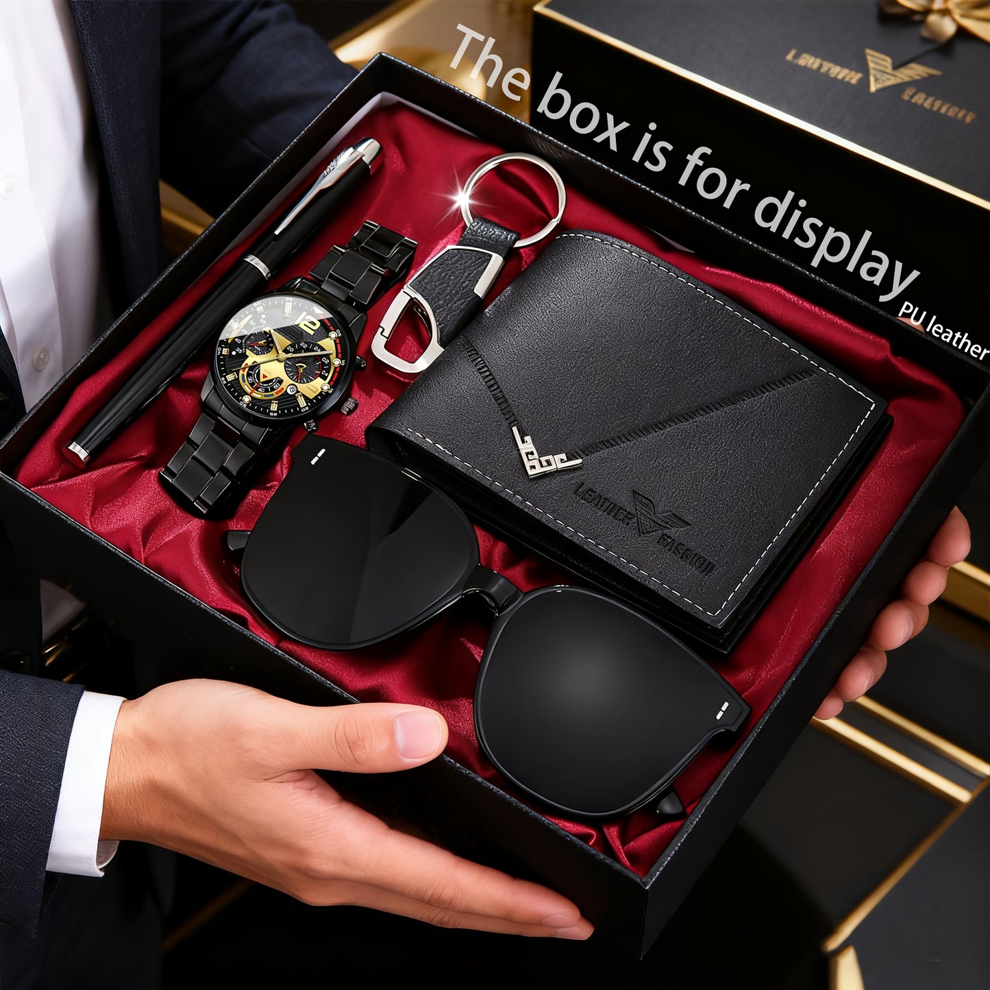 5pcs Men's Luxury Minimalist Watch & Accessory Gift Set - Analog Quartz Watch with Matching Wallet, Fashion Glasses, Keychain & Pen - Business Style for Dad, Birthday or Father's Day Present (, Quartz Movement)