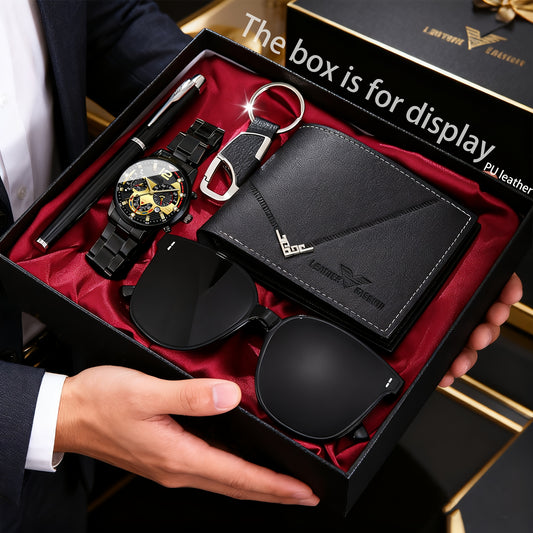 5pcs Men's Luxury Minimalist Watch & Accessory Gift Set - Analog Quartz Watch with Matching Wallet, Fashion Glasses, Keychain & Pen - Business Style for Dad, Birthday or Father's Day Present (, Quartz Movement)