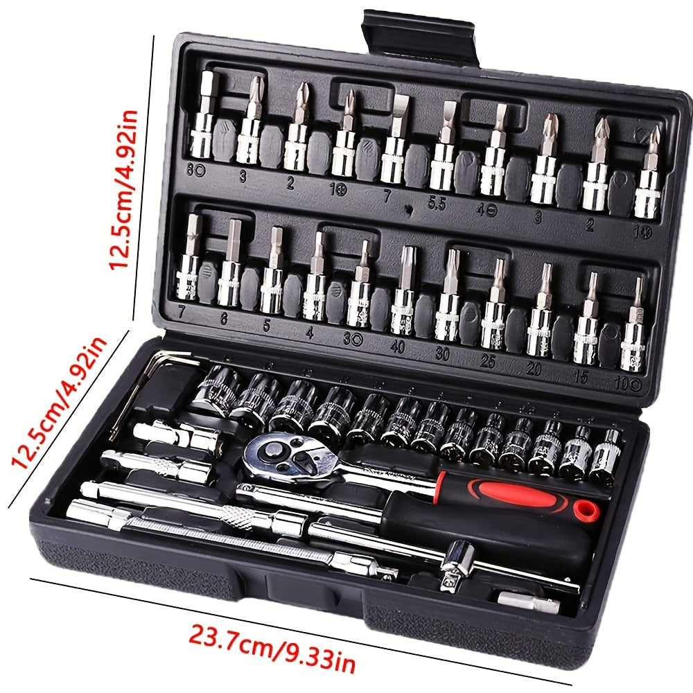 46pcs Heavy-duty Carbon Steel Auto Repair Tool Set | Includes Ratchet Wrenches, Sockets, Shockproof Toolbox, and Additions - Ideal for Projects and Auto Maintenance