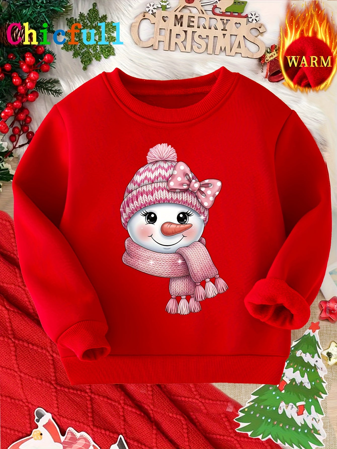 CHICFULL ' Red Fleece-Like Thick Winter Sweater with Snowman Print & Pom-Pom Trim - Cozy Round Neck Casual Sweater for Christmas, New Year's & Casual Attire, Machine Washable All-Season Warm Sweater ( to Sizes) - Cute Snowman