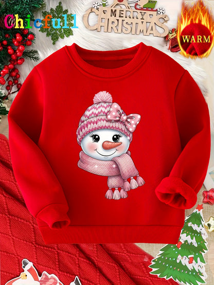 CHICFULL ' Red Fleece-Like Thick Winter Sweater with Snowman Print & Pom-Pom Trim - Cozy Round Neck Casual Sweater for Christmas, New Year's & Casual Attire, Machine Washable All-Season Warm Sweater ( to Sizes) - Cute Snowman