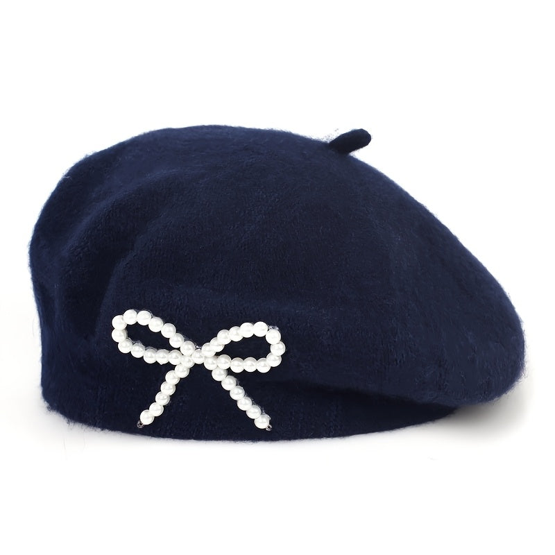 1pc Women's Wool Beret with Pearl Bow - Elegant, Breathable, and Stylish in Multiple Colors (Black, Brown, Gray, Beige, Purple, Pink) for Casual Attire