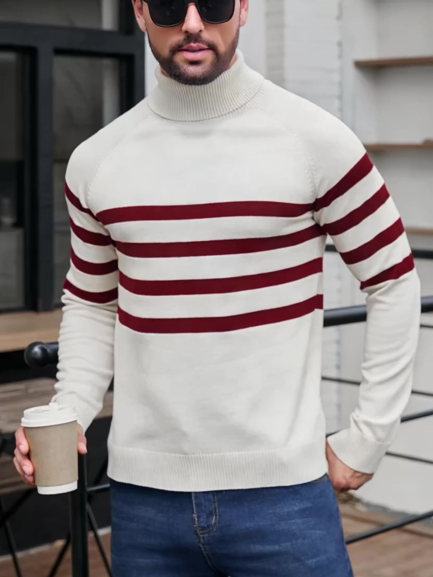 Men's High Neck Long Sleeve Striped Contrast Color Pullover Sweater - ayq