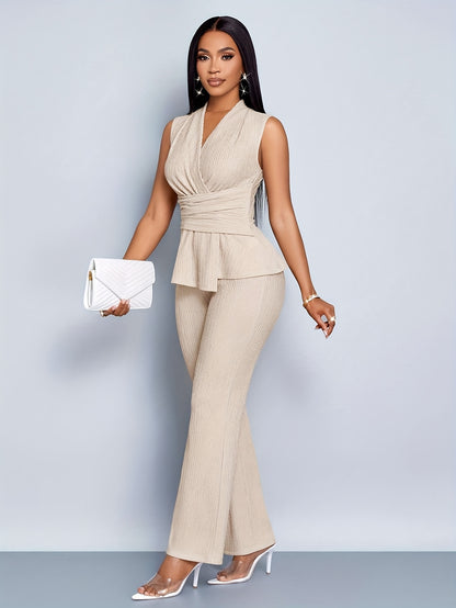 Women's Elegant Solid Color Textured Cross V-Neck Pleated Waist Top and Slim Fit Elastic Waist Straight Pants 2pcs Set