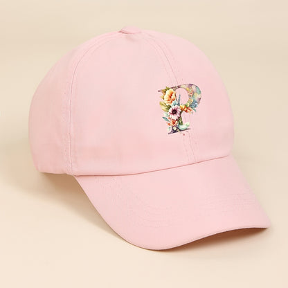 Adjustable Pink Baseball Cap for Kids with Floral Alphabet Design