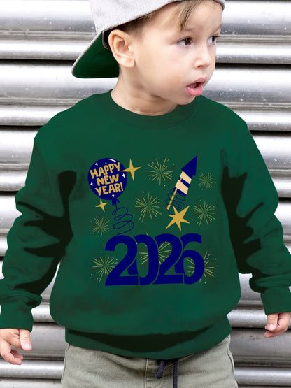 Boys' 2026 New Year Rocket & Fireworks Print Sweatshirt - Winter Warm Long Sleeve Sweater with 2026 Number Design, Casual Round Neck Pullover for Christmas & Parties ( to)