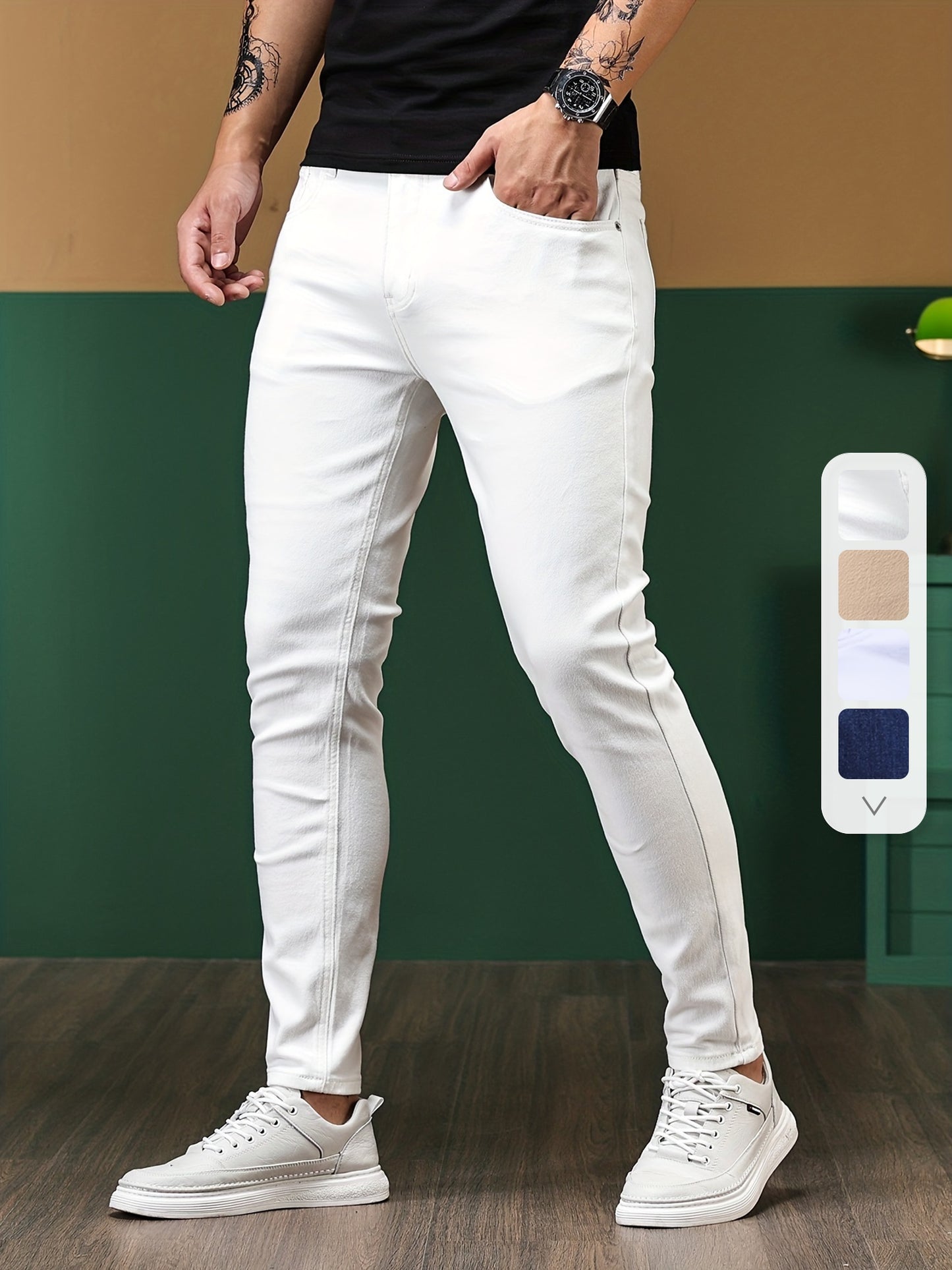 Slim Fit Chic Jeans, Men's Casual Street Style All Match Stretch Denim Pants With Pockets
