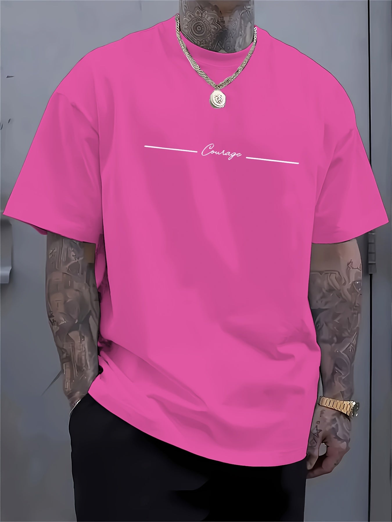 Men'S Casual Crew Neck T-Shirt with Trendy English Print, 95% Polyester 5% Elastane, Slight Stretch Knit Fabric, Regular Fit, Summer Wear - MBDMBD