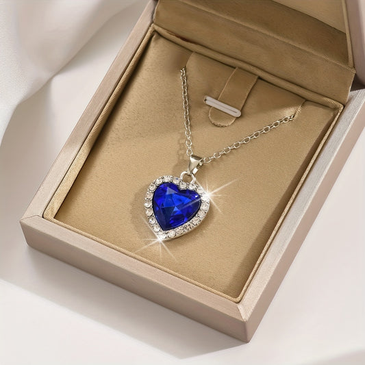 Birthstones Կախազարդ Վզնոց Սրտաձև Սինթետիկ Կապույտ Քարեր Ամբողջ Փայլուն Ցիրկոնիայից Կախազարդով Կանացի պարանոցի փայլուն շղթայով