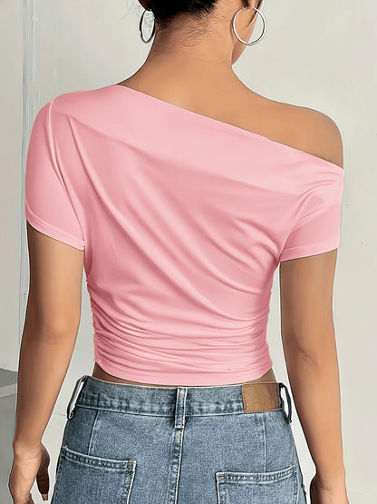 Elegant Off-Shoulder Asymmetrical Knit T-Shirt for Women