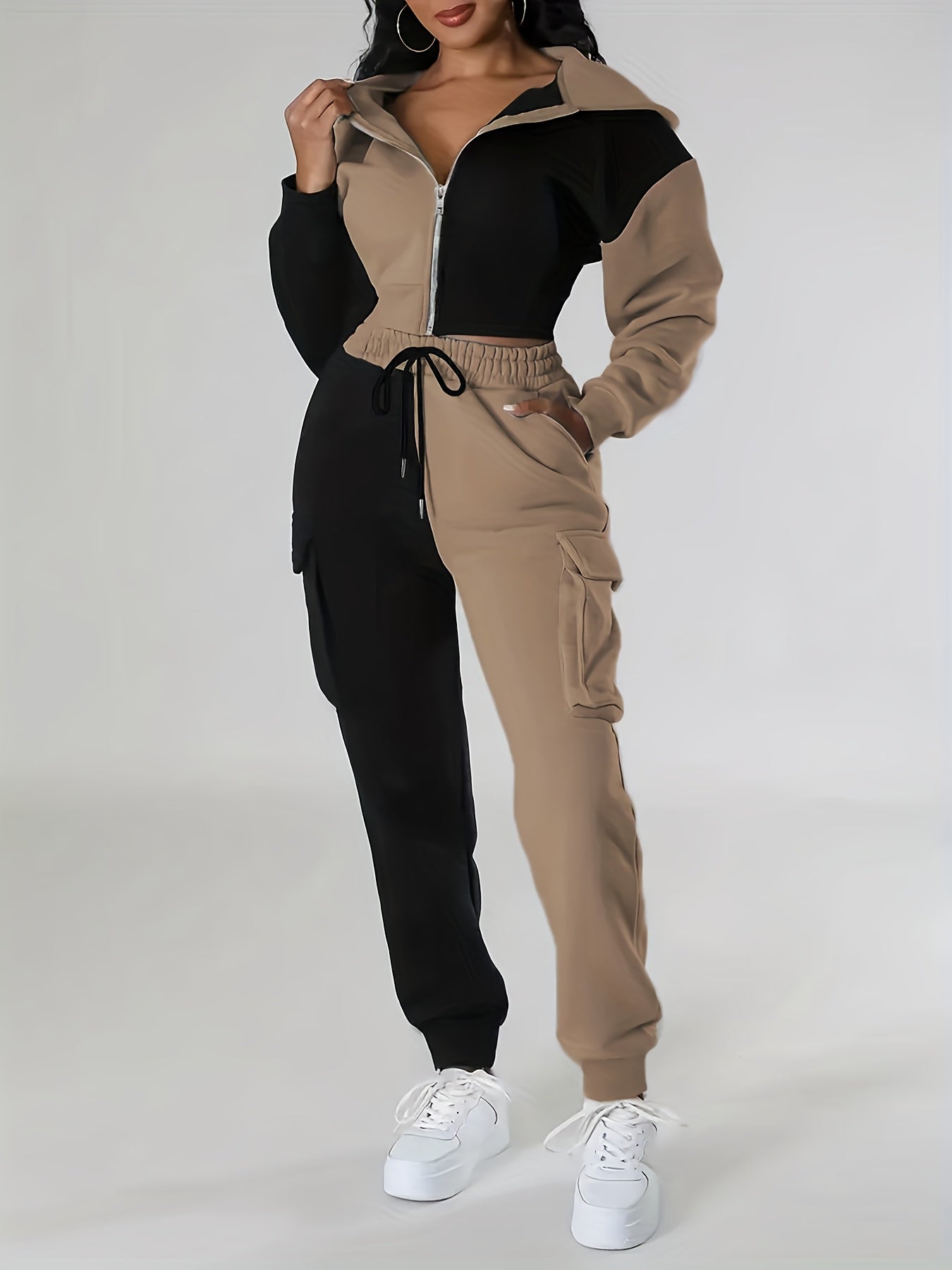 Women's Color-Block Hooded Casual Set for Fall Winter