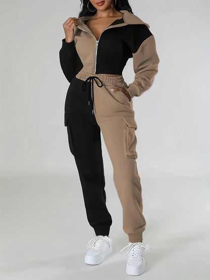 Women's Color-Block Hooded Casual Set for Fall Winter