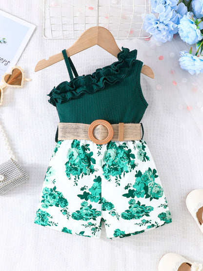 Baby's Vacation Style Flower Pattern Splicing One-Shoulder Romper With Belt, Toddler & Infant Girl's Bodysuit For Summer Daily & Outdoor Wear