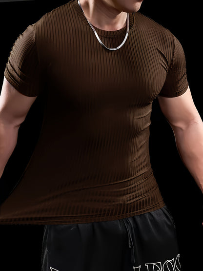 Men's Stretch Fit Short Sleeve T-Shirt - Breathable, Comfortable Polyester Blend, Solid Blue, Crew Neck, Casual  Sporty Style for Spring/Summer