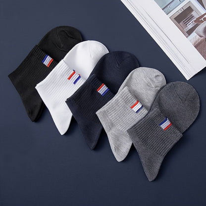 5/10 Pairs Of Men's Solid Sport Crew Socks, Breathable Sweat-absorbing Comfy Soft Casual Simple Style Socks All Seasons Wearing
