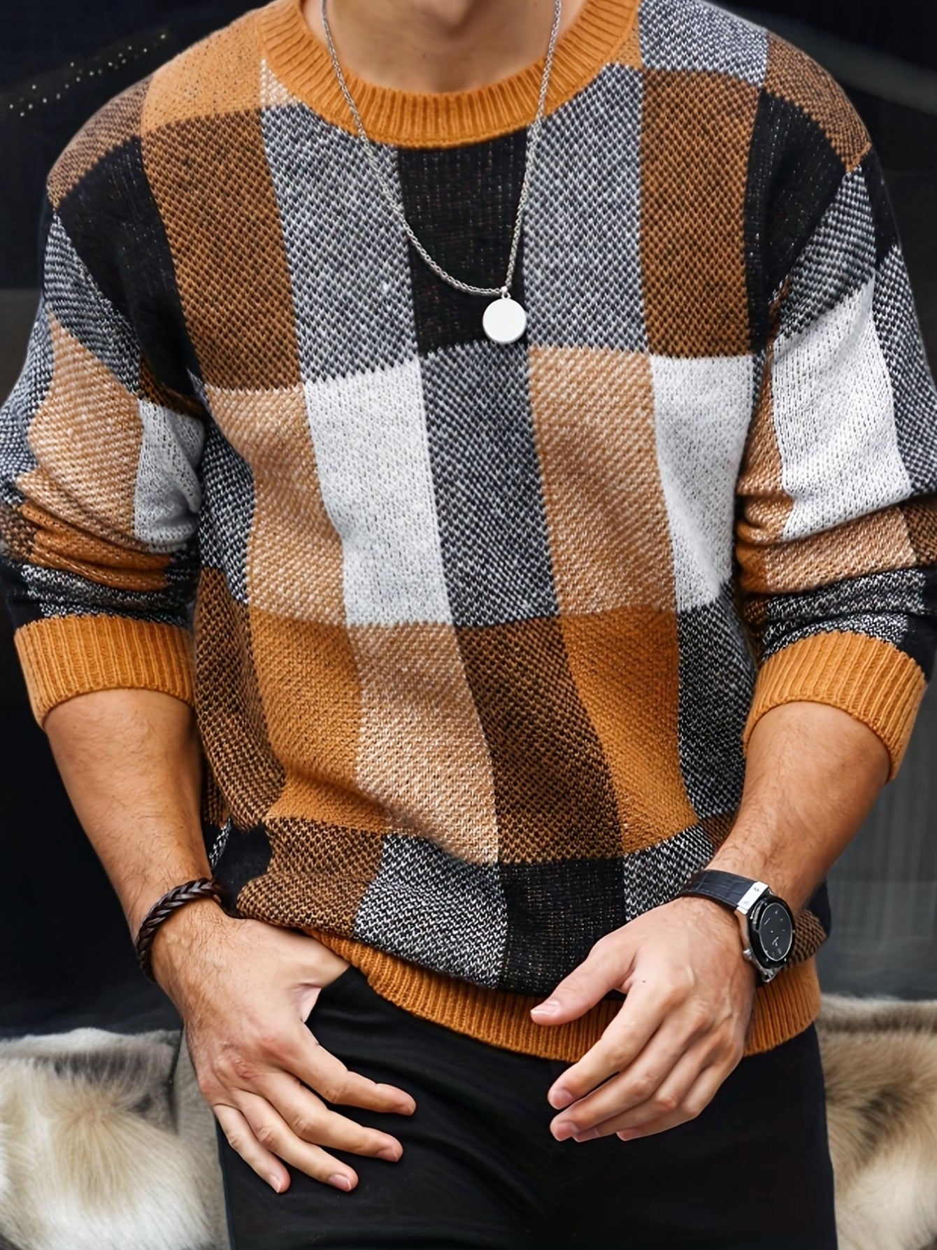 Men'S Casual Plaid Crew Neck Knit Sweater | Loose Fit, Long Sleeve, Fashionable Color Block Design, Suitable for Fall/Winter