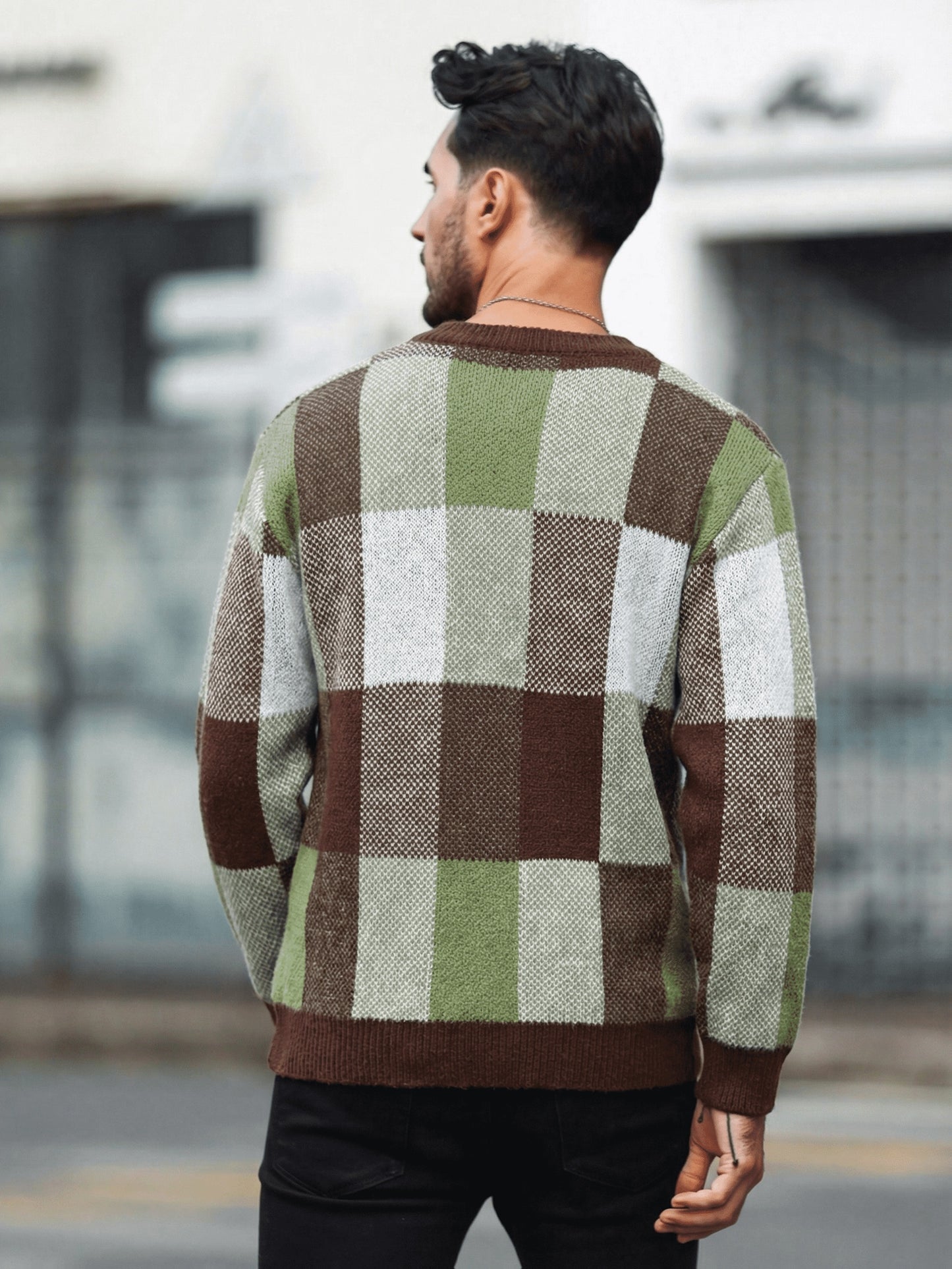 Men'S Casual Plaid Crew Neck Knit Sweater | Loose Fit, Long Sleeve, Fashionable Color Block Design, Suitable for Fall/Winter