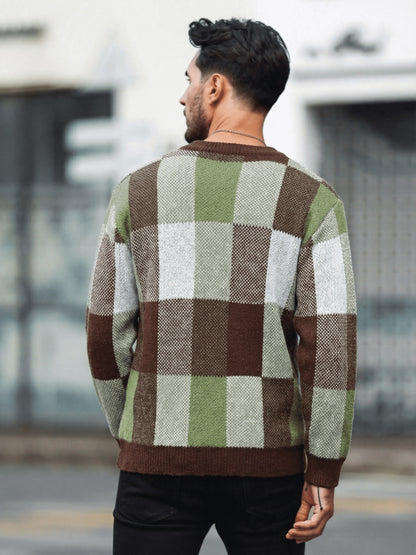 Men'S Casual Plaid Crew Neck Knit Sweater | Loose Fit, Long Sleeve, Fashionable Color Block Design, Suitable for Fall/Winter