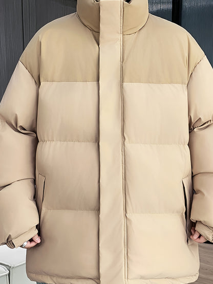 Տղամարդու ձմեռային գունային բլոկներով բաճկոն՝ կանգնած օձիքով - սև և առօրյա տաք վերարկու՝ բացօթյա օգտագործման համար, պոլիեսթերով լցված կայծակաճարմանդ առջևի մասով, սովորական չափսի՝ ցուրտ եղանակի համար, չձգվող գործվածք