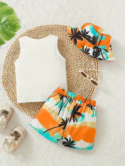 Boys' Summer Vacation Vest, Shorts & Hat Set with Coconut Tree Print
