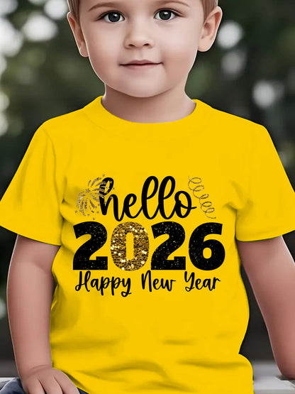 Boys' 2026 New Year'S Eve Party T-Shirt - Hello 2026 Happy New Year Fireworks Print with Golden & Lettering - Lightweight Summer Tee for Birthday Party Outfit, New Year'S Eve Celebration - Easy-care Kids Shirt, New Year T Shi