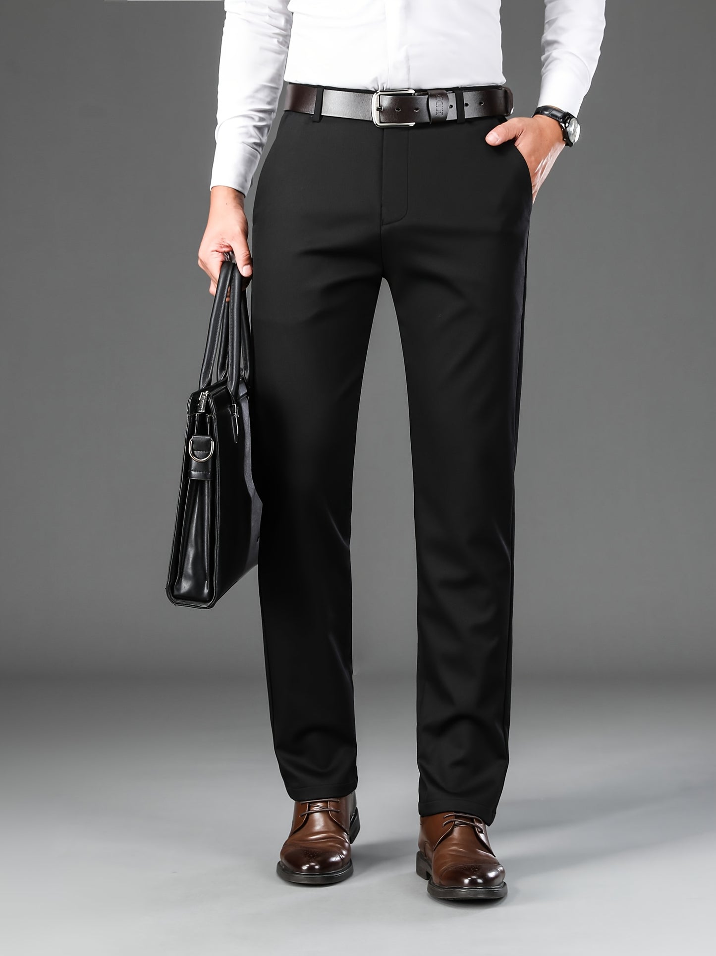Men's Classic Solid Color Dress Pants - Comfort Fit, All-Season Polyester Blend, Machine Washable - Perfect for Business & Casual Wear