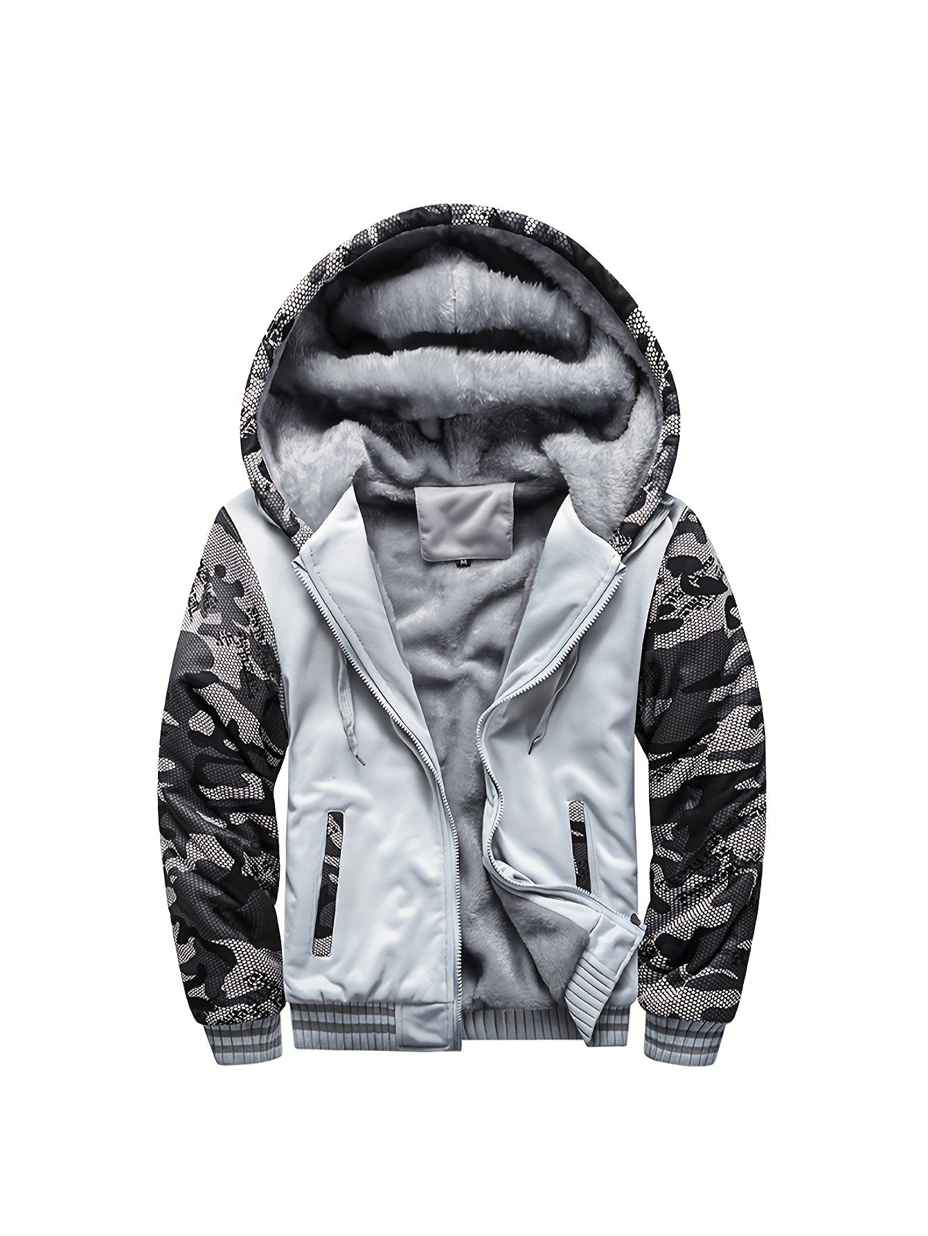Color Block Sherpa Lined Men's Hooded Jacket, Casual Long Sleeve Hoodies With Zipper, Gym Sports Hooded Coat For Winter Fall