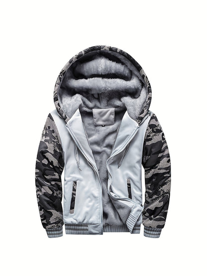 Color Block Sherpa Lined Men's Hooded Jacket, Casual Long Sleeve Hoodies With Zipper, Gym Sports Hooded Coat For Winter Fall