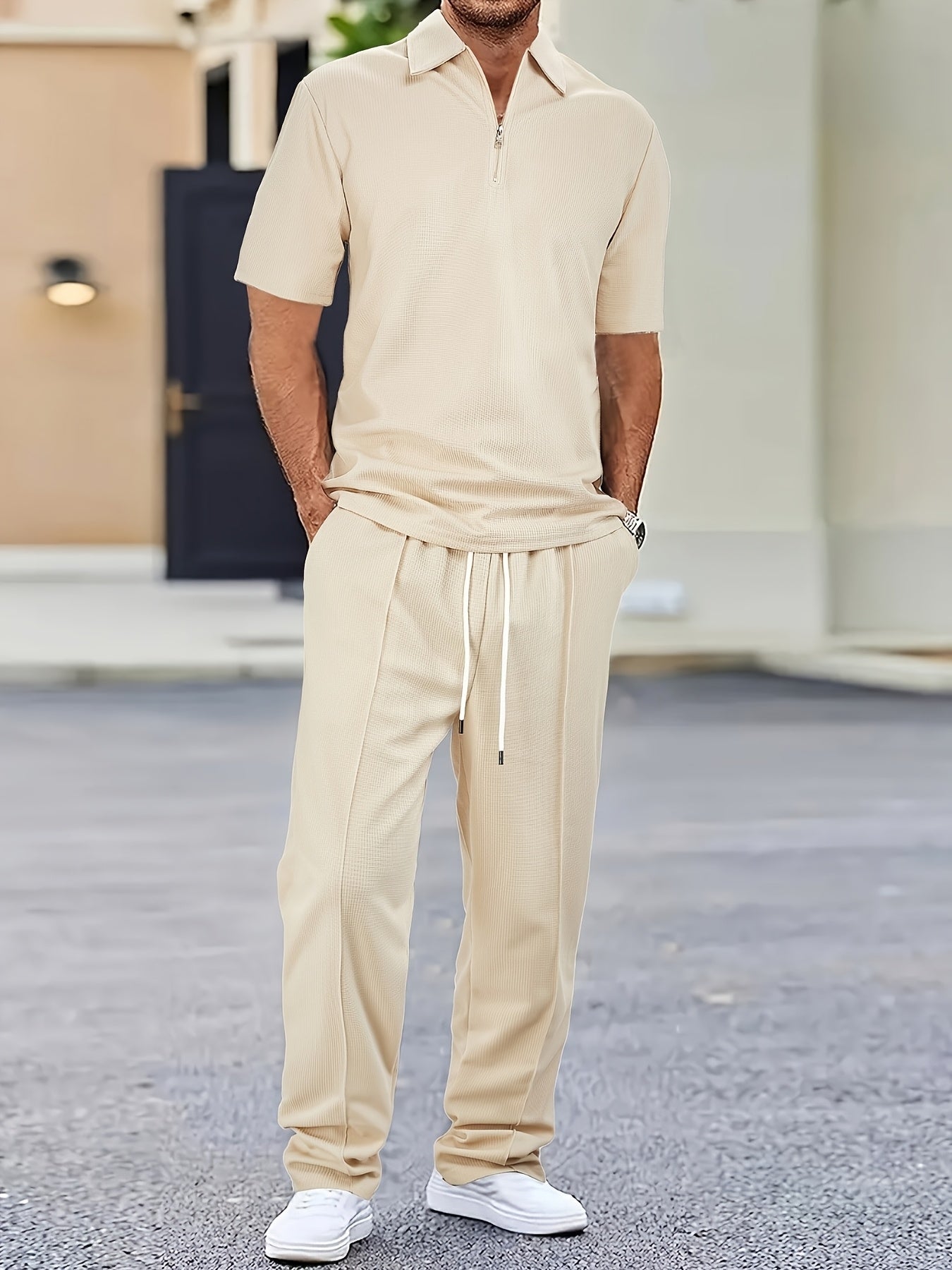 Men's 2pcs Waffle Knit Casual Outfit: Zip-Up Short Sleeve Collared Shirt & Drawstring Pants - Black, Polyester Blend, Ideal for Casual Attire in Spring/Summer