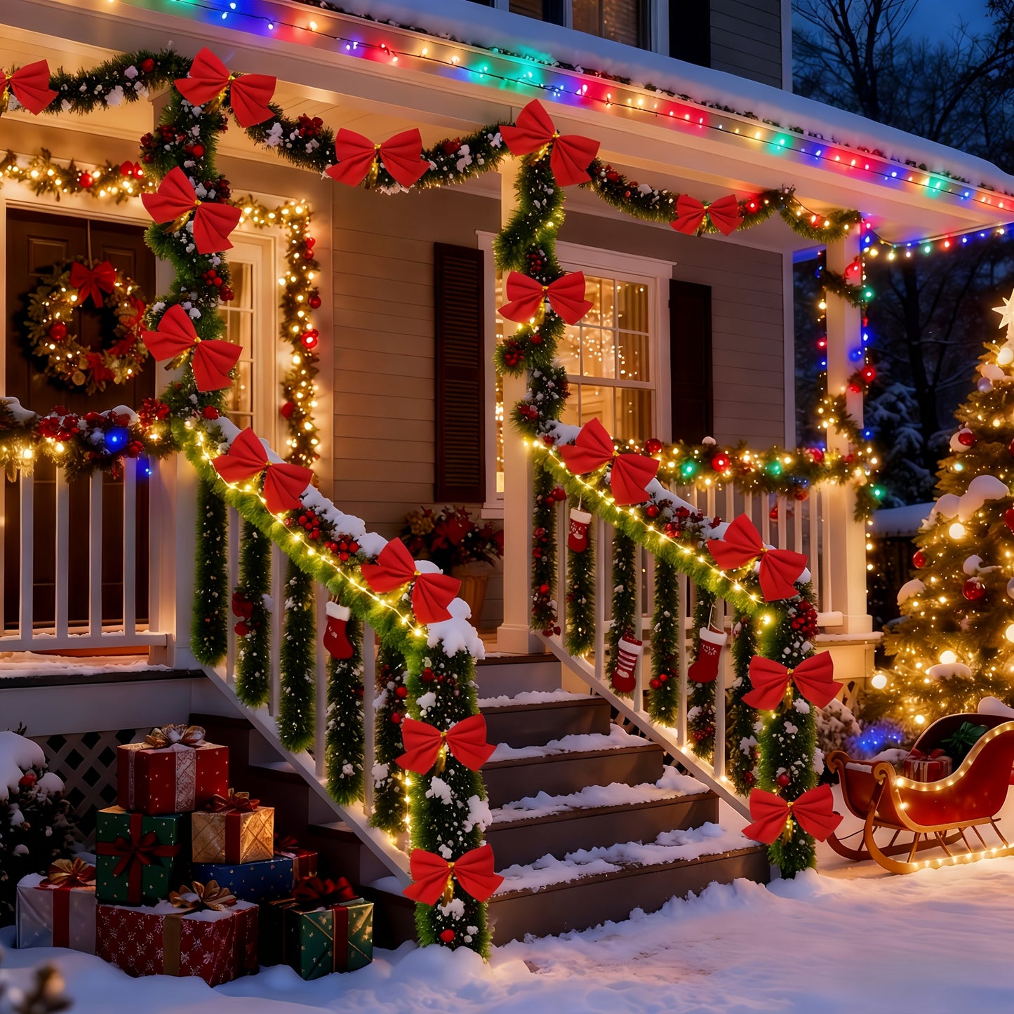 314.96-inch 40pcs Set with Red Bows - Premium Winter Dark Green Christmas Vine Spring Decoration | No Lights - Artificial Plastic Material Metallic Foil Faux Garland Plant | Suitable for Christmas, New Year, Thanksgiving Part