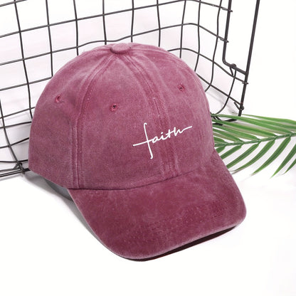 Vintage Street Style Water Wash Denim Polyester Baseball Cap, Faith Print, for Men, Women