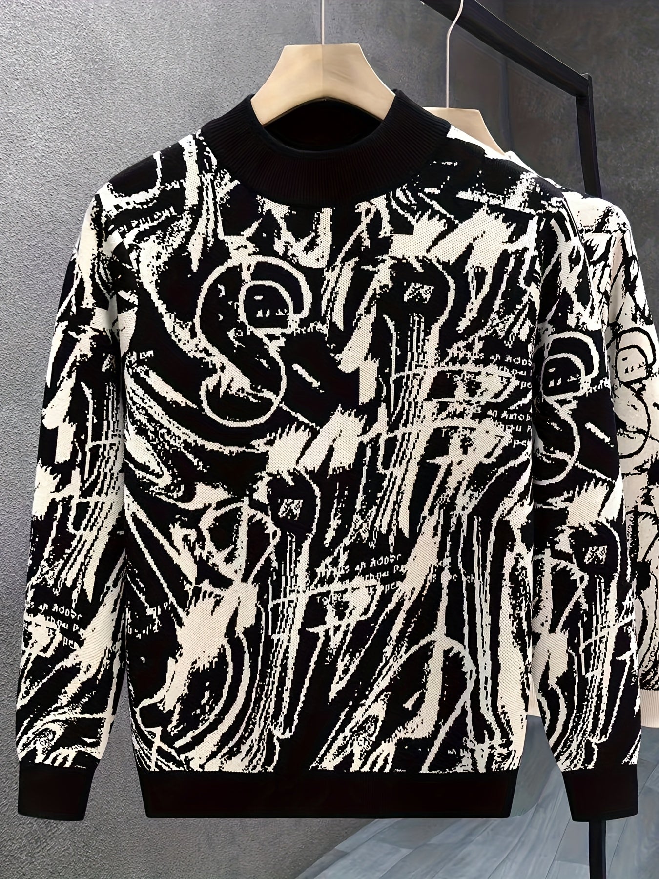 Temujin OBM Men's Fashion Trendy New Jacquard Semi-High Neck Knit Long Sleeve Pullover Sweater