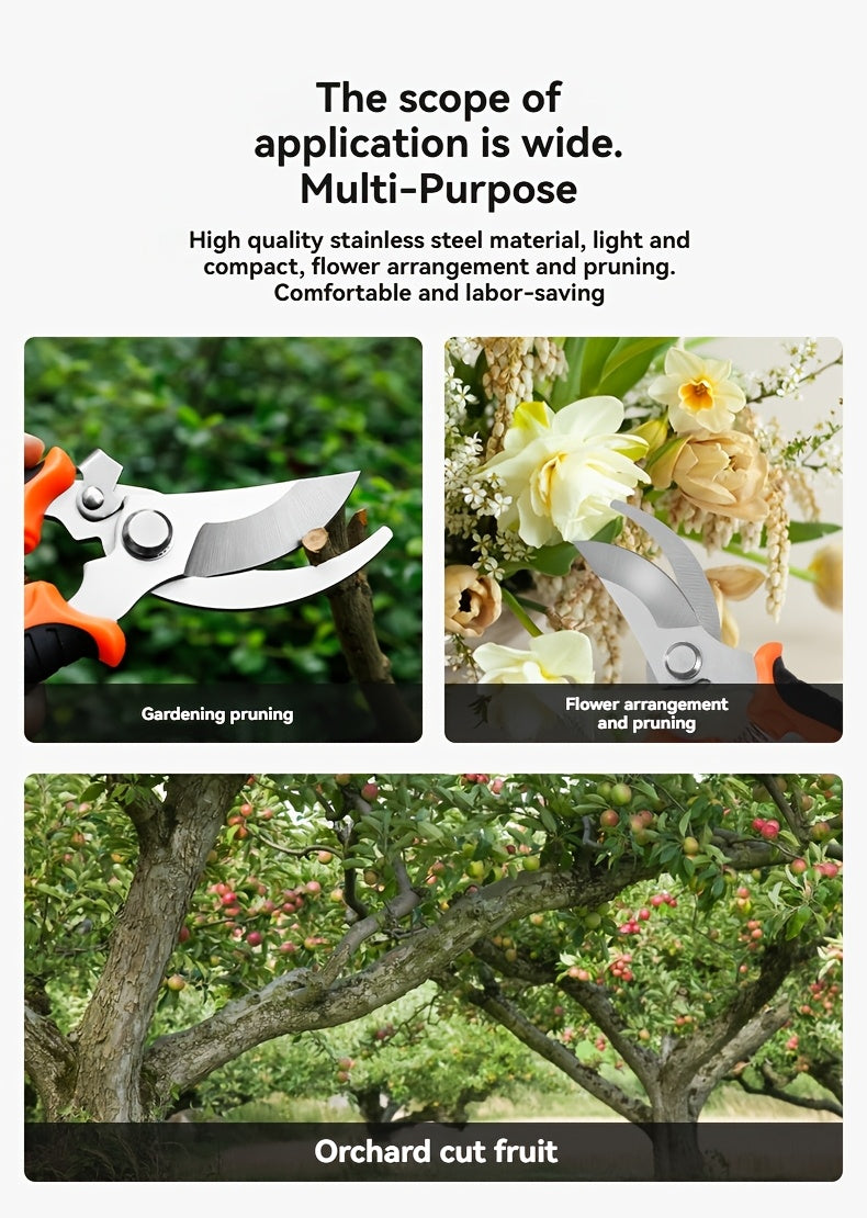 Gardening Scissors | Comfortable Grip, Spring-Assisted, Sharp and Non-Slip, Ideal for Pruning Branches and Flowers, Modern Stainless Steel Blades