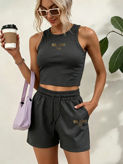 Casual Women’s Two-Piece Suit with Graphic Print Vest & Shorts