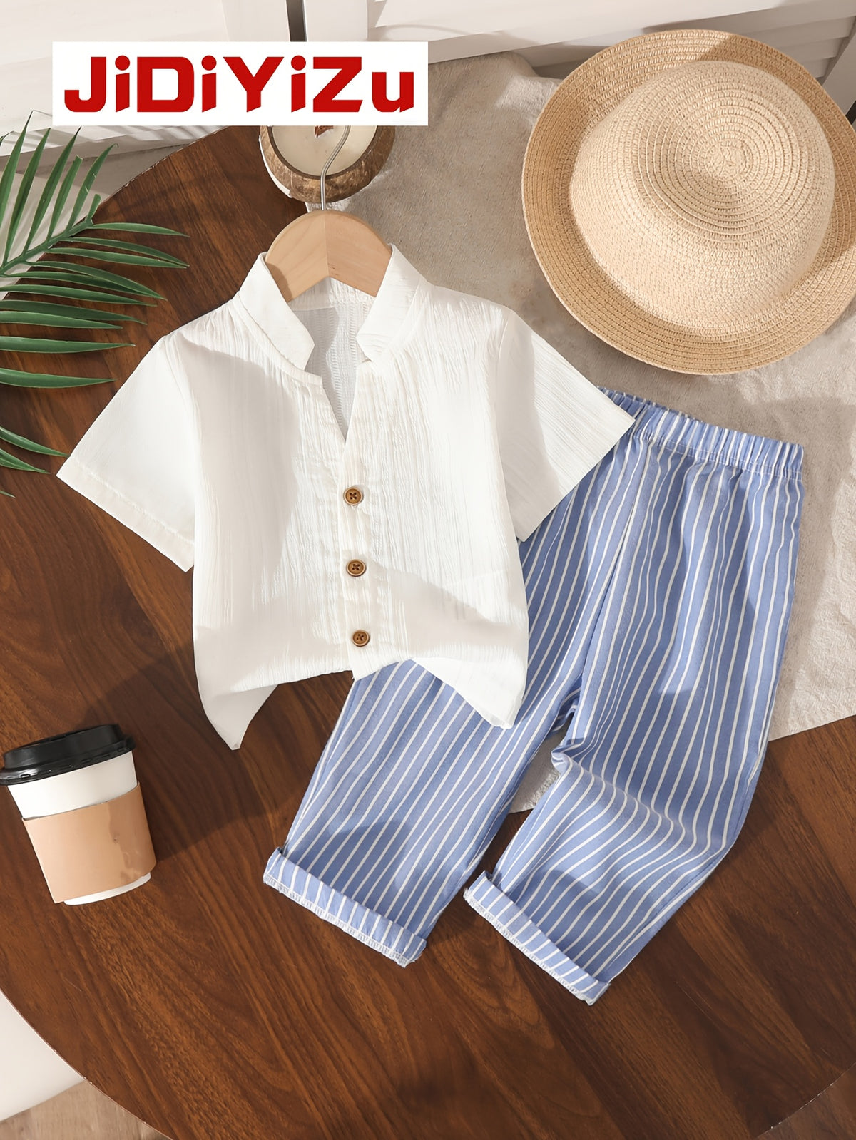 Boys' Casual Summer Shirt and Pants Set, Polyester Blend - ayq