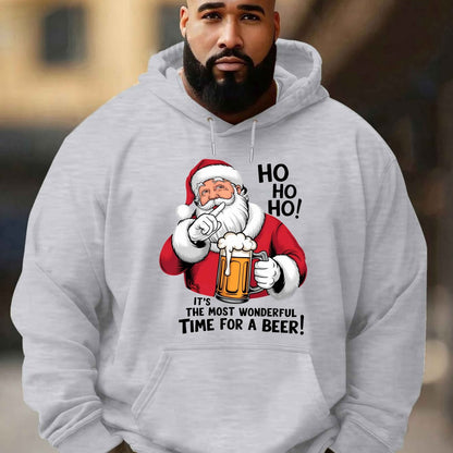 Men'S Red Hoodie with Santa Claus & Beer Mug Graphic - "Ho Ho Ho! It'S the Most Wonderful Time for a Beer!" - Cozy Plush Pullover for Fall & Winter, Casual Holiday Wear, Christmas Clothes, Plus Size