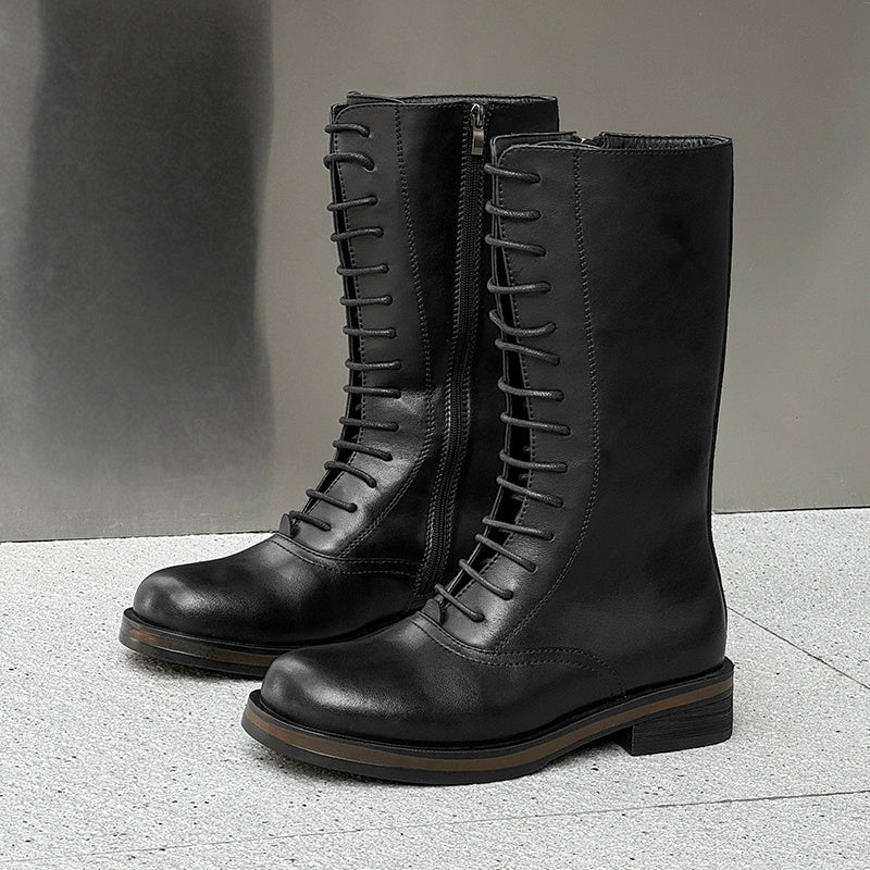 Men's Casual PU Leather Long Boots with Zipper and Lace