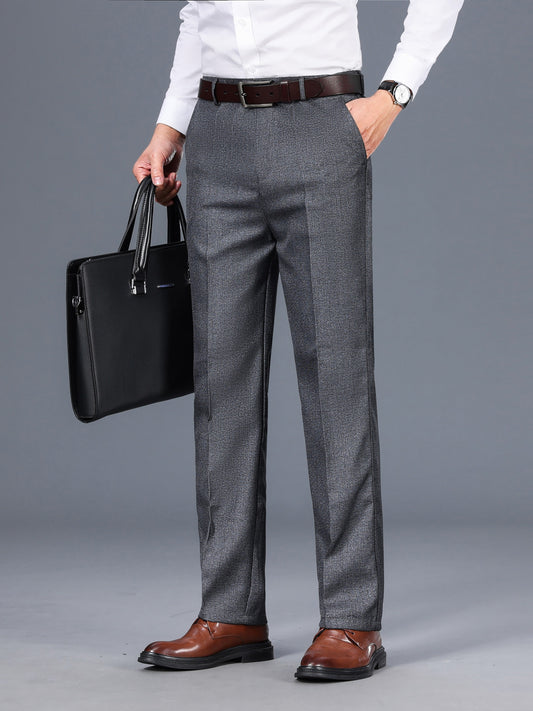 Men's Classic Gray Dress Pants - Medium Thick, Straight Fit with Slant Pockets & Zipper Closure, Polyester, Non-Stretch Fabric for Business Casual & Formal Wear, Ideal for Spring/Autumn