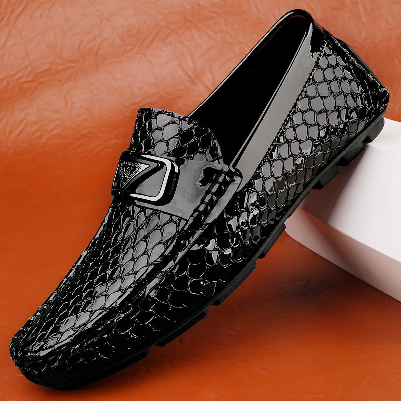 Men's Trendy Faux Snake Skin Loafers with Metal Buckle, Soft Sole
