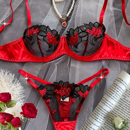 Women'S Floral Embroidery Mesh Bra and Panty Set, Sexy See-Through Lingerie, Medium Support Knit Fabric, Polyester 95% Elastane 5%, Party Style, Adult Romantic Underwear for Dating & Parties